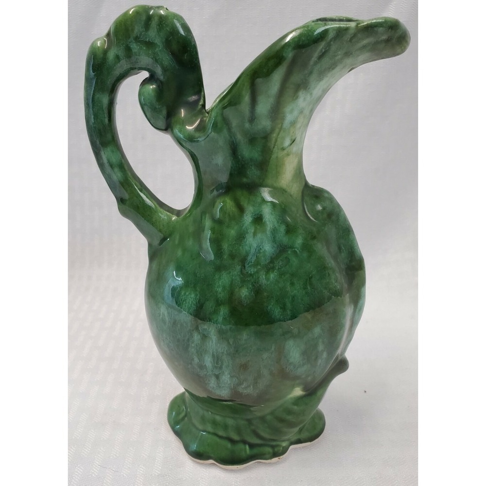 VINTAGE STUDIO ART CERAMIC PITCHER GREEN/MOTTLED GLAZE 8"x5" Lip to Handle